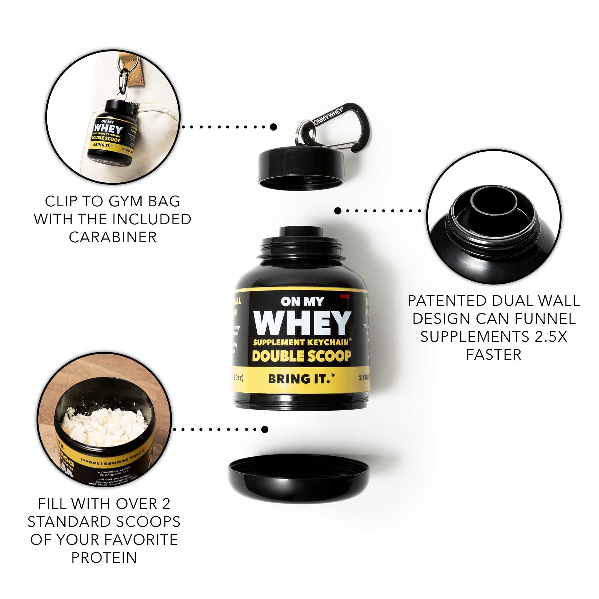 ONMYWHEY dual screw-cap system seals securely and speeds pouring.