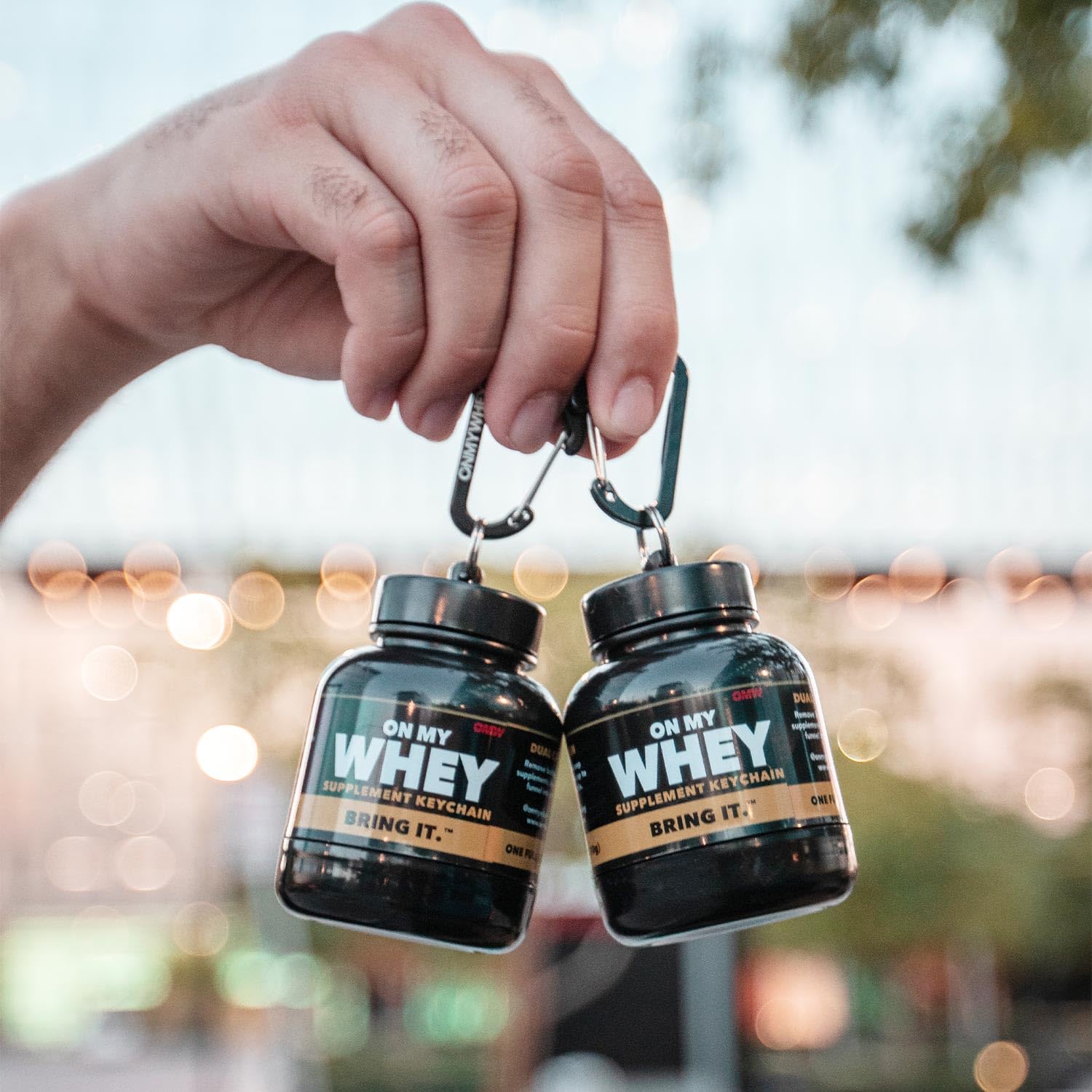 OnMyWhey pre-workout powder funnel for quick mixes on the move.
