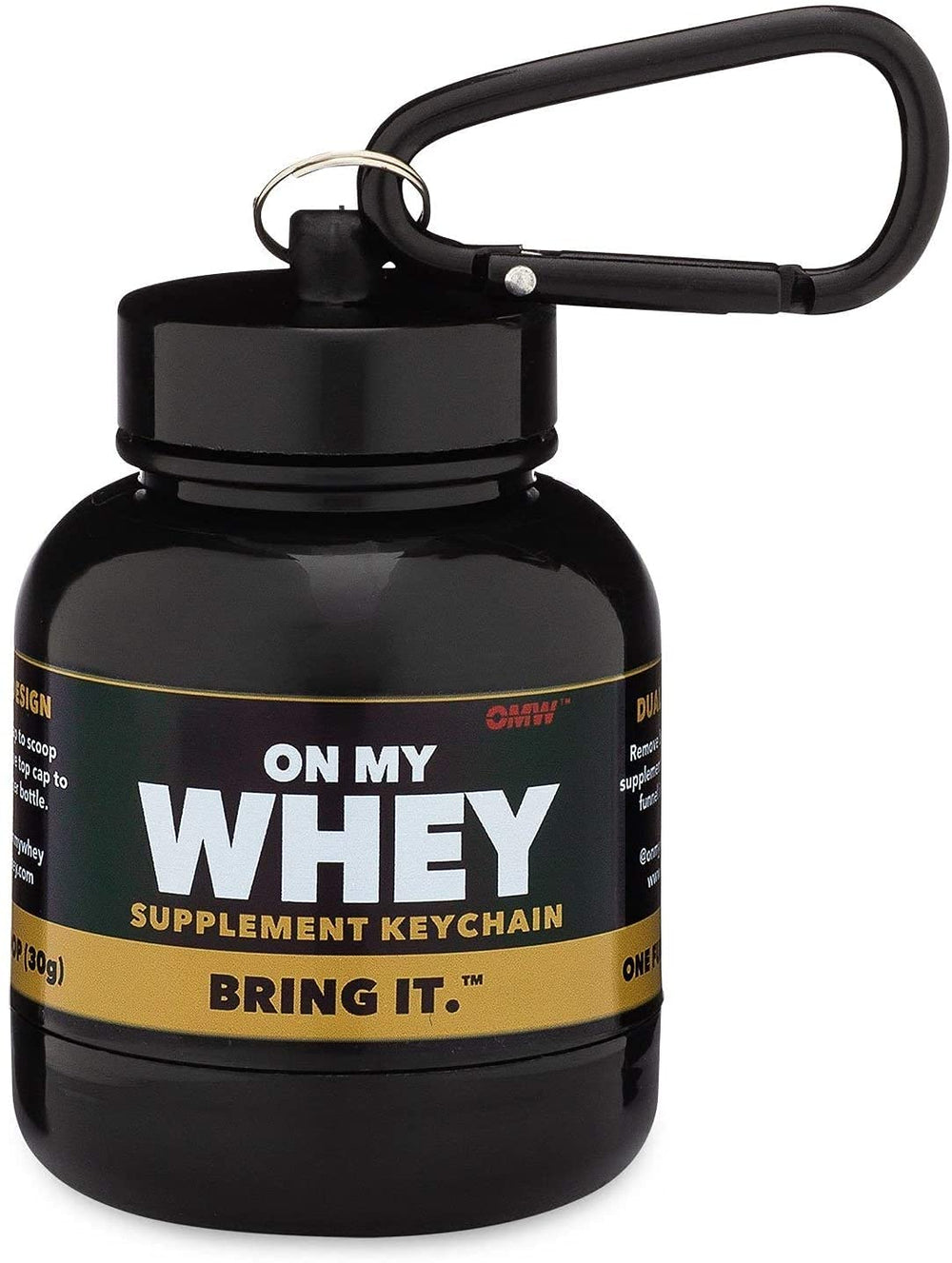 OnMyWhey protein funnel keychain enables easy carry.