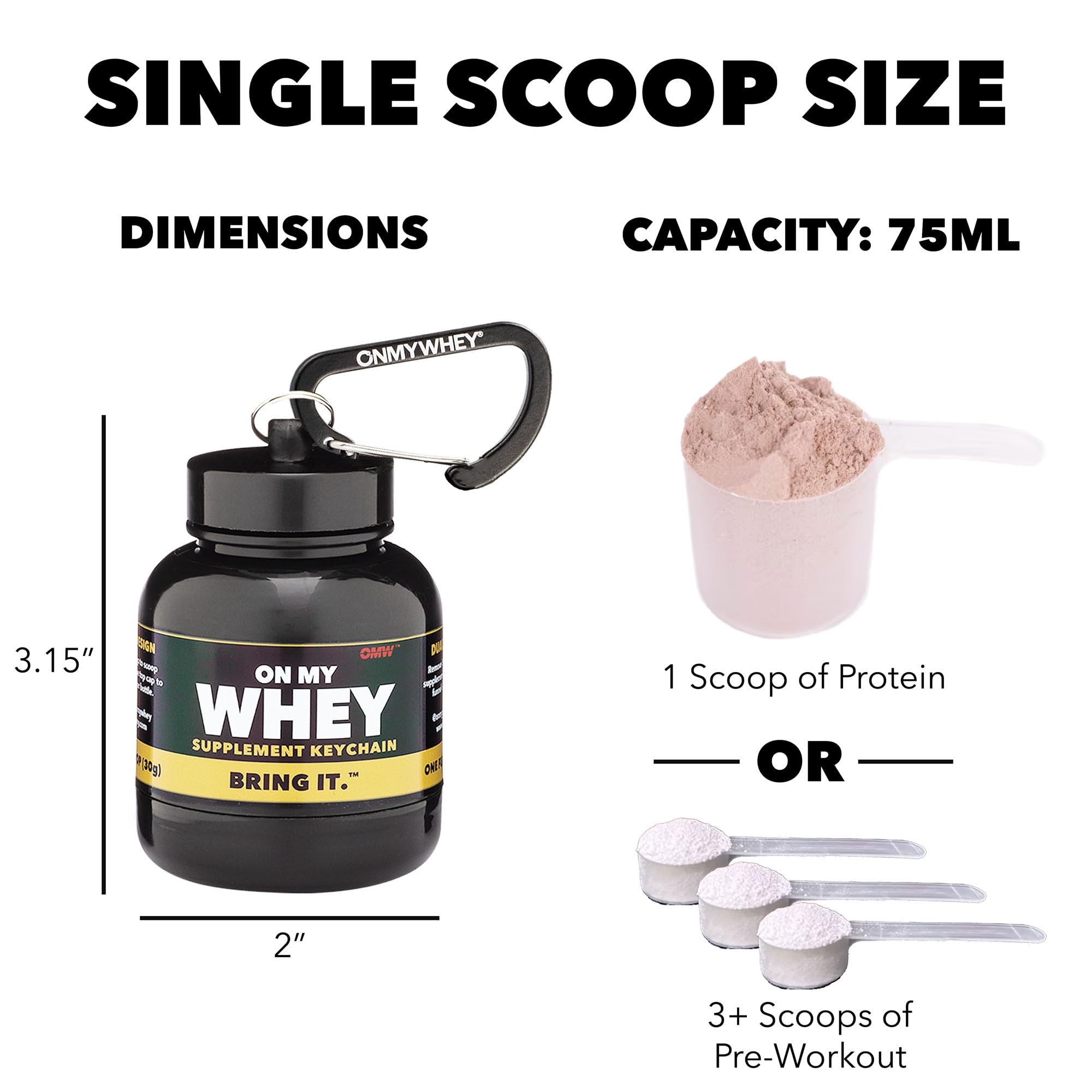 OnMyWhey travel powder container ready for workouts and commutes.