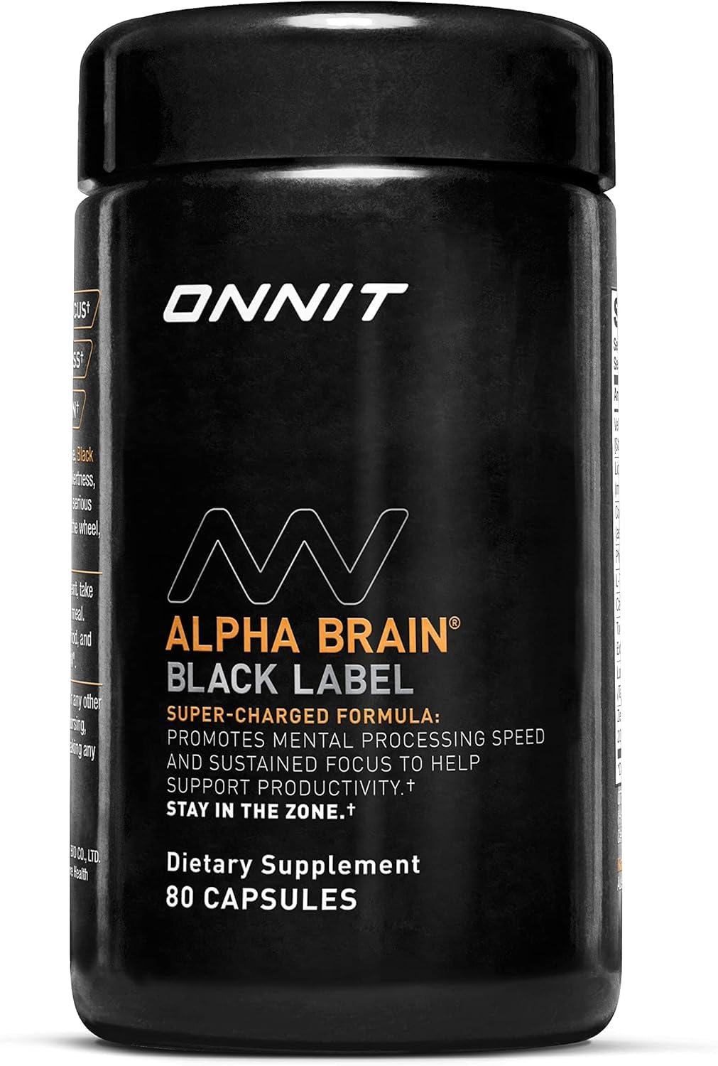 ONNIT Alpha Brain Black Label bottle and capsules for focused attention potential.