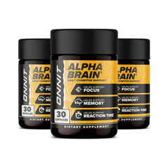 ONNIT Alpha Brain bottle front view for daily focus support on your desk