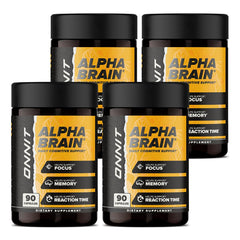 ONNIT Alpha Brain bottle front for daily cognitive support and focus.