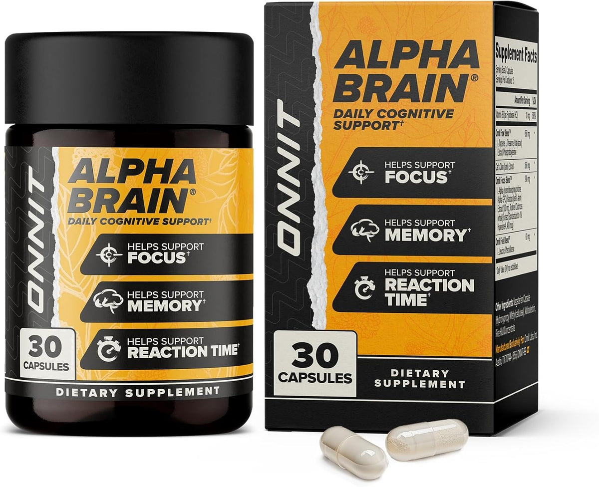 ONNIT Alpha Brain bottle front view emphasizes packaging for trust.