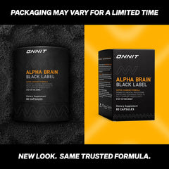 Close-up of Alpha Brain capsules highlighting the non-GMO formula for daily use.