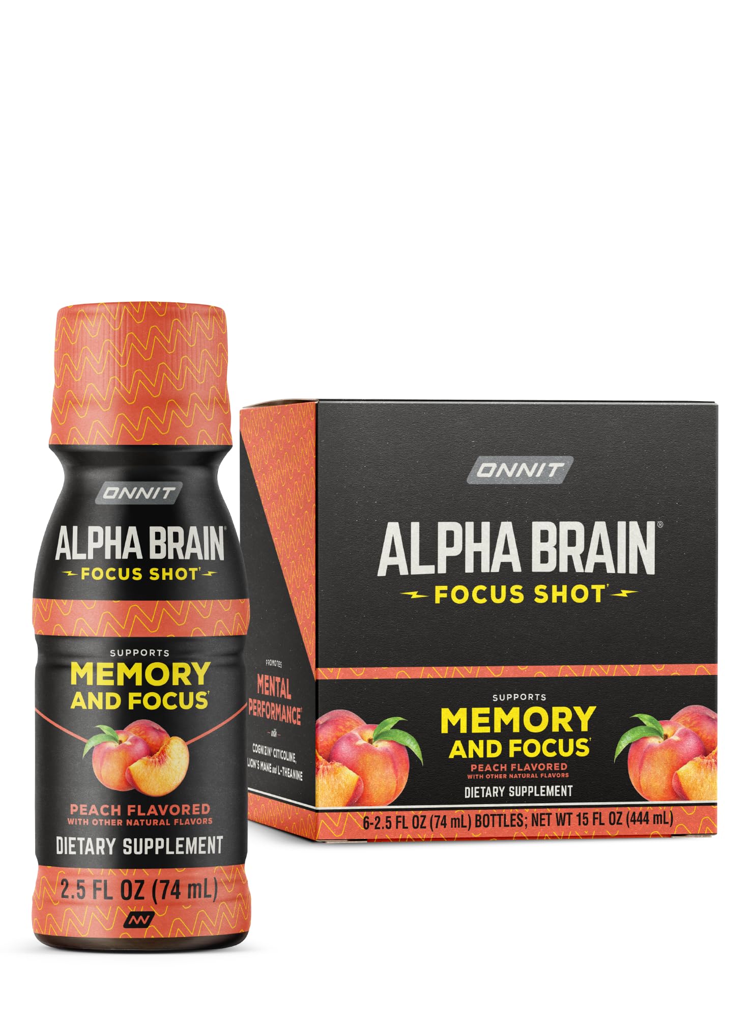 ONNIT Alpha Brain Focus Shot peach bottle for focus and mood support