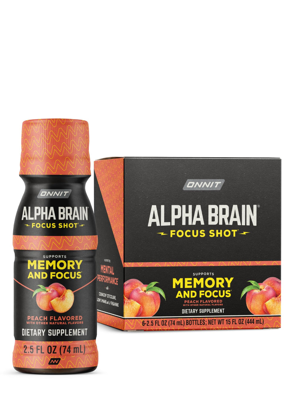 ONNIT Alpha Brain Focus Shot peach bottle for focus and mood support