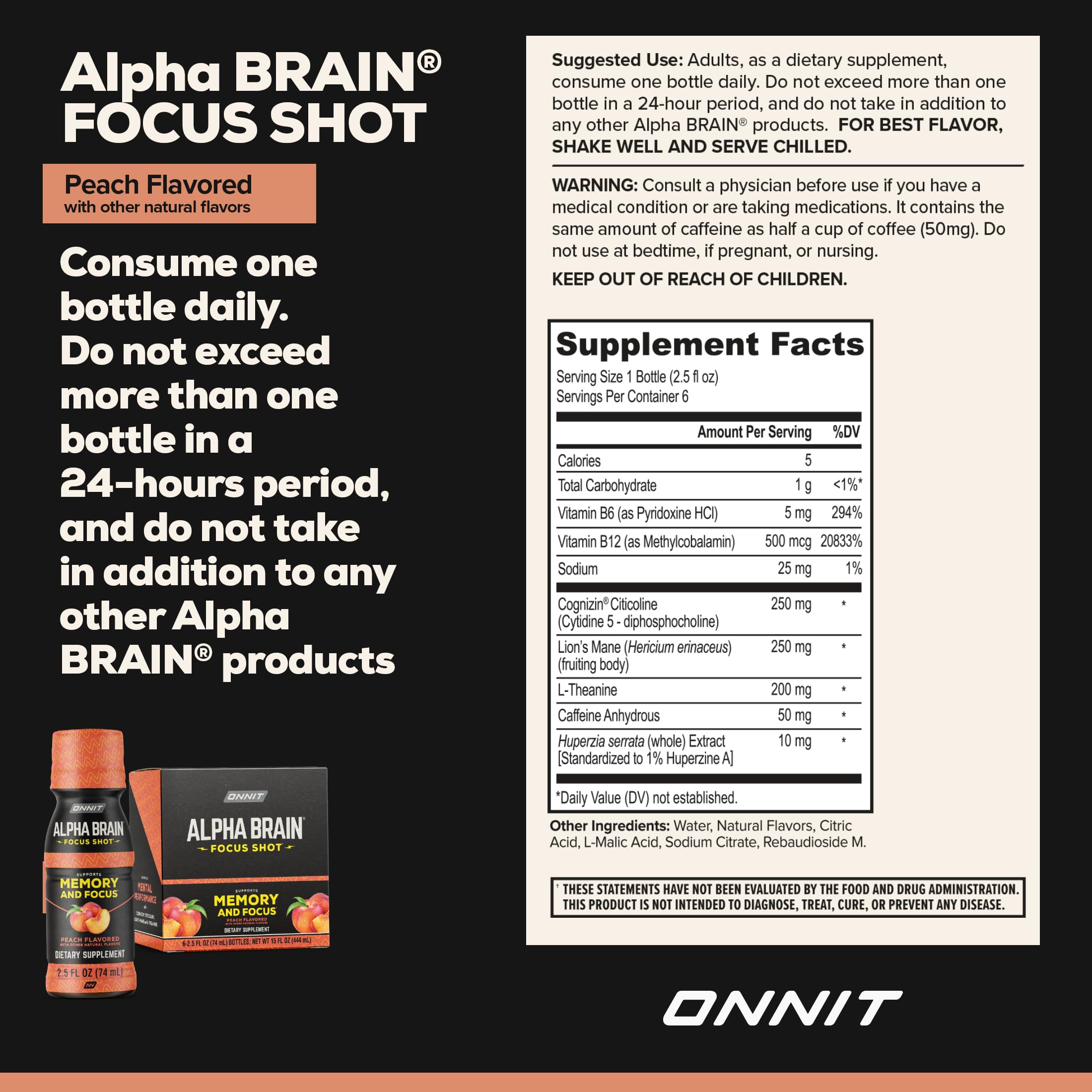 ONNIT Alpha Brain Close-up peach label signals gluten-free, sugar-free, non-GMO assurance