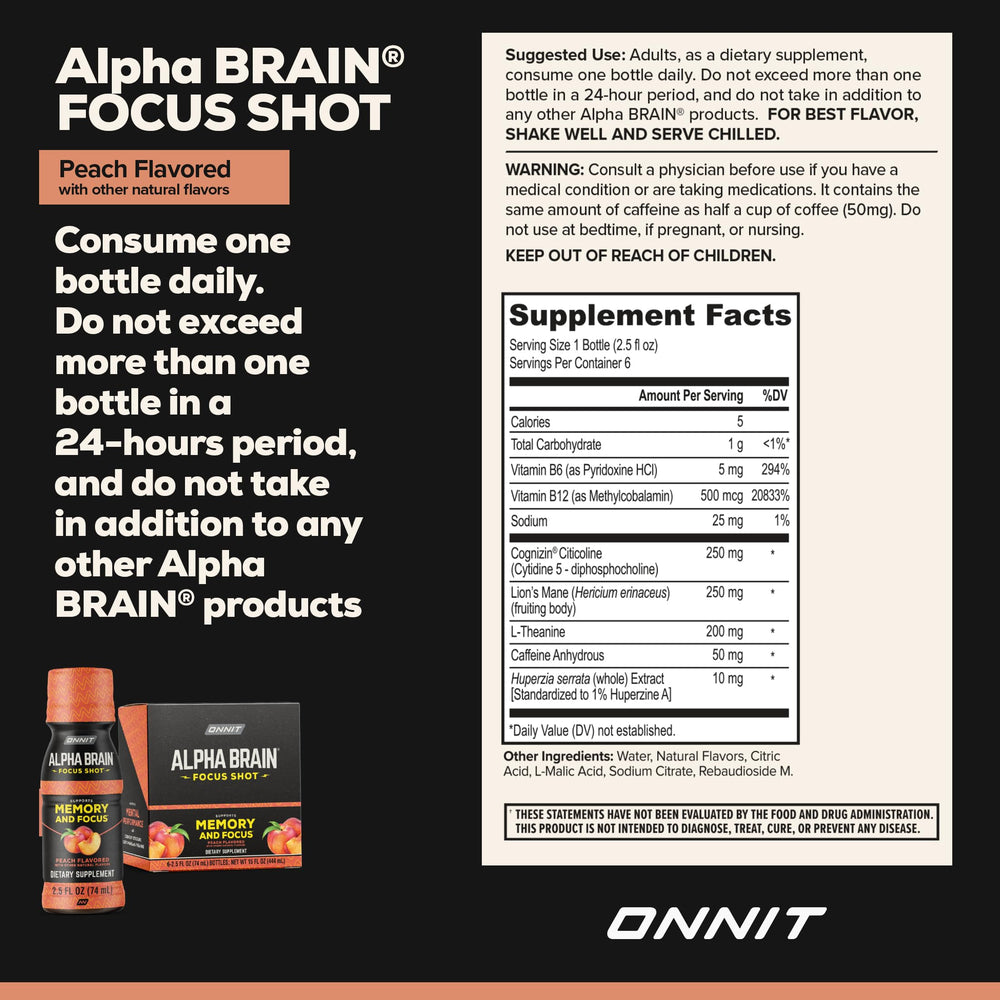 ONNIT Alpha Brain Close-up peach label signals gluten-free, sugar-free, non-GMO assurance