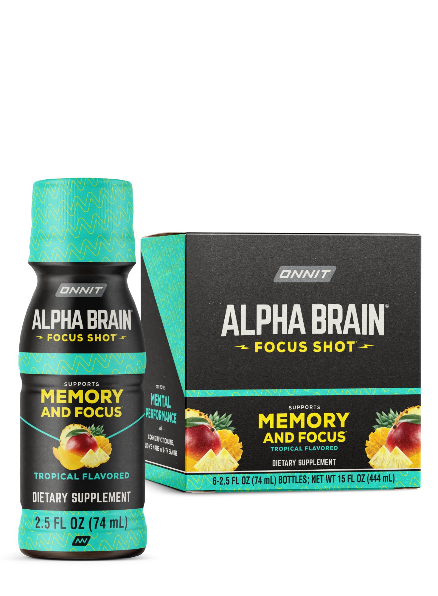 ONNIT Alpha Brain Focus Shot tropical bottle displayed for quick focus and mood support.