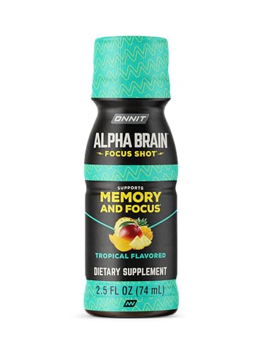 ONNIT Alpha Brain Focus Shot tropical bottle label highlights Cognizin and Lion’s Mane for focus support.
