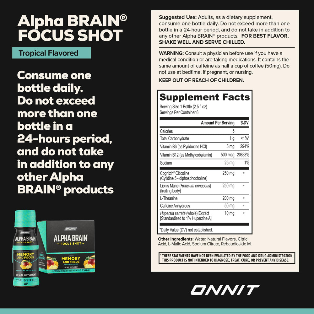Pouring the tropical-flavored Alpha Brain Shot into a glass for a quick energy and focus boost.