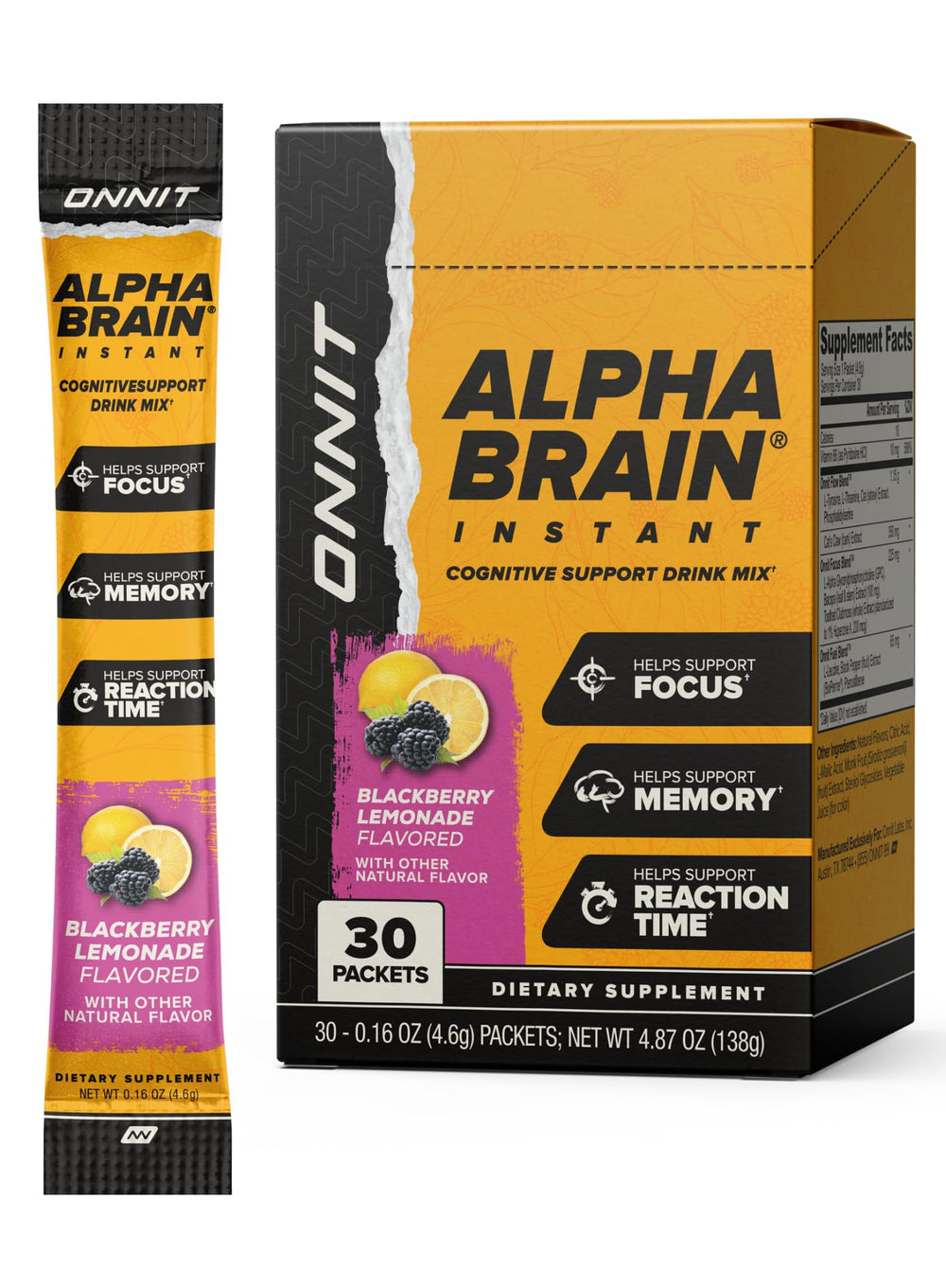 ONNIT Alpha BRAIN Instant blackberry-lemonade packet on-the-go for focused energy