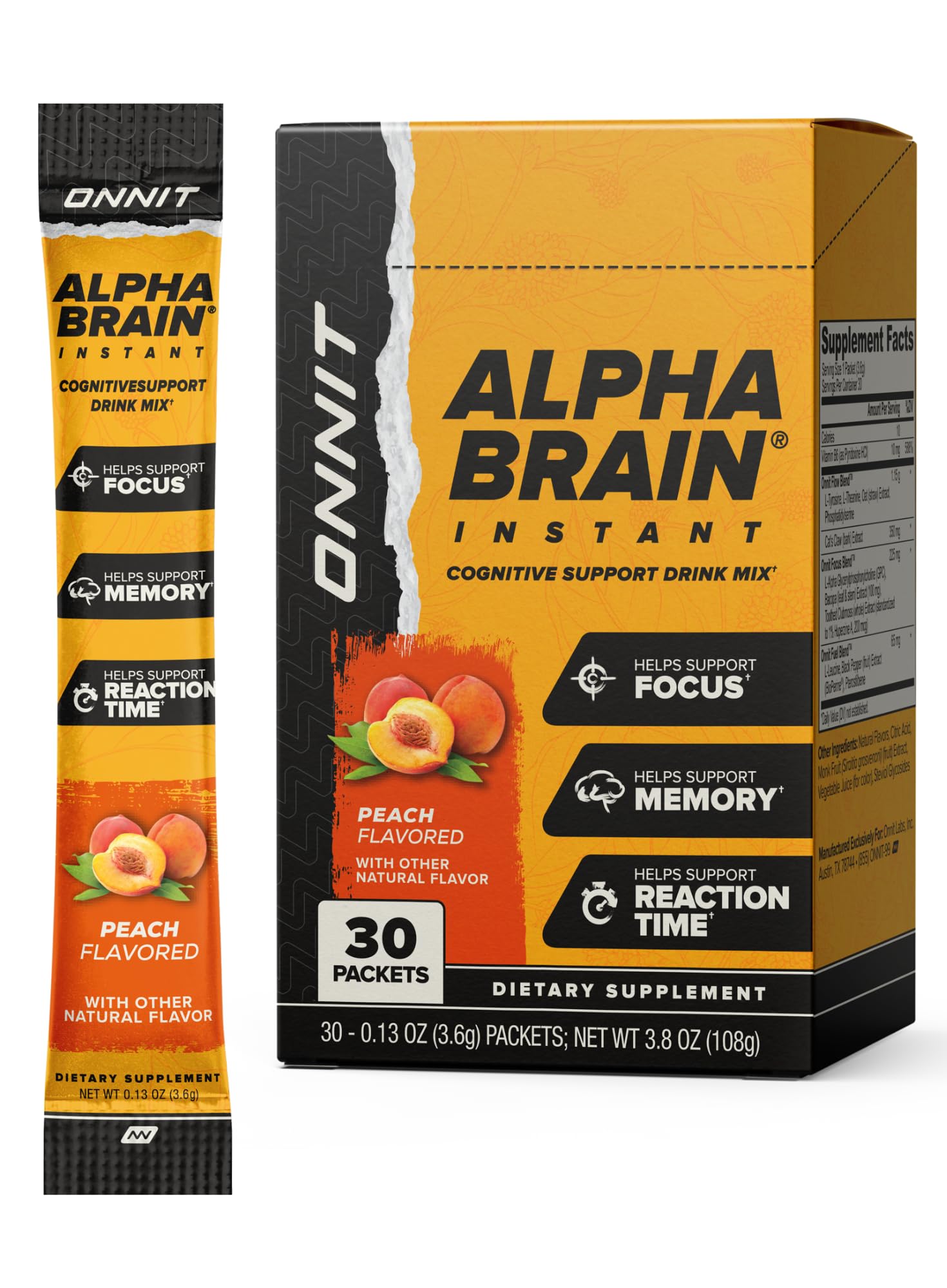 ONNIT Alpha Brain Instant box front with peach flavor designed for focus.