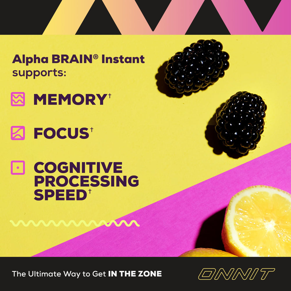 ONNIT Alpha BRAIN Instant glass with poured drink promoting mental alertness
