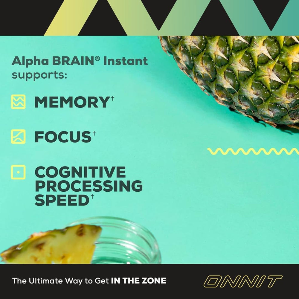 ONNIT Alpha Brain Instant pineapple punch powder dissolving in water.