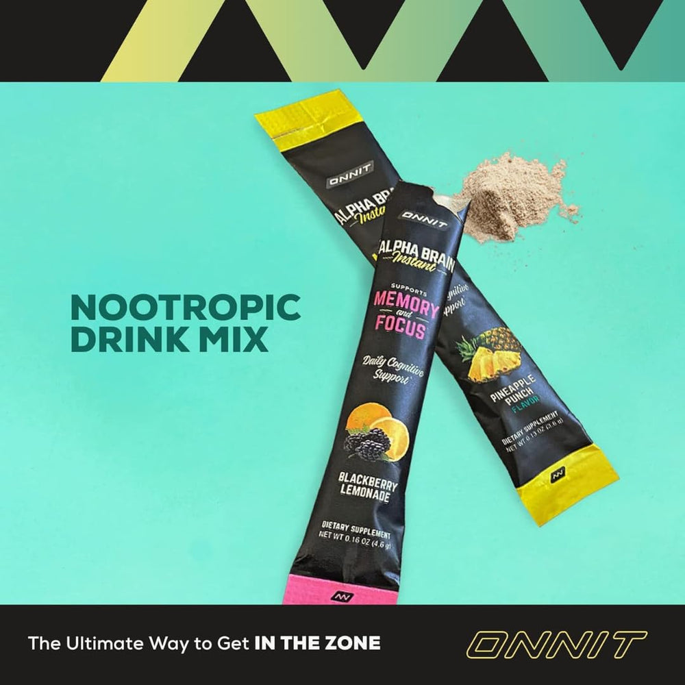 ONNIT Alpha Brain Instant pineapple punch infusion in a glass.