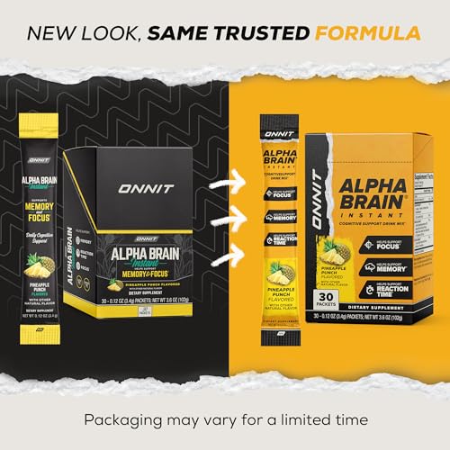 ONNIT Alpha Brain Instant pineapple punch packets ready for on-the-go focus.