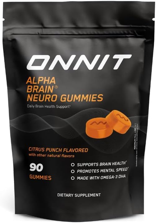 ONNIT Alpha Brain Neuro Gummies packaging front view for quick focus on the go.