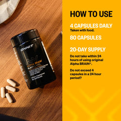 Non-GMO seal on Alpha Brain bottle signaling trusted quality for daily use.
