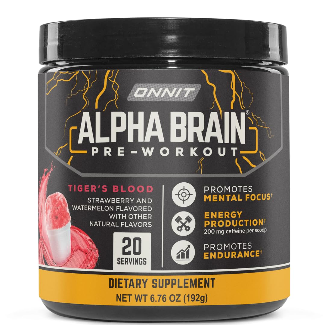 ONNIT Alpha Brain tiger's blood tub front showing label for focused energy before training.