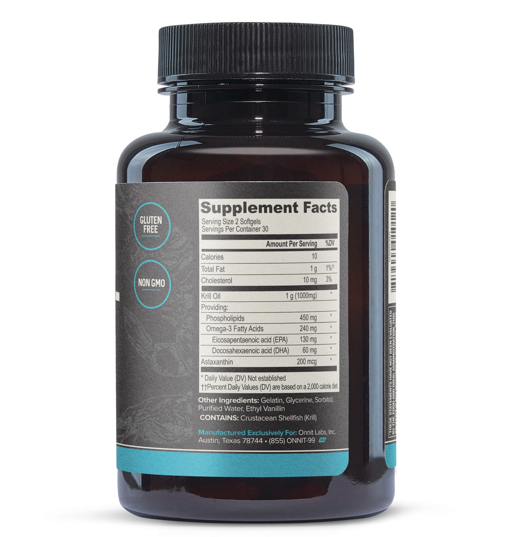 ONNIT Antarctic Krill Oil label close-up highlighting omega-3 and astaxanthin.