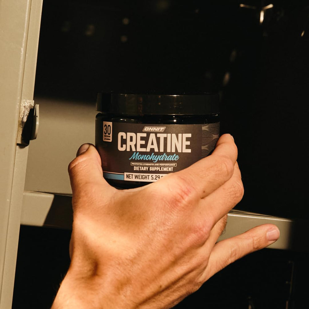 ONNIT Creatine Monohydrate Powder glass-jar presentation suggests premium, easy storage.