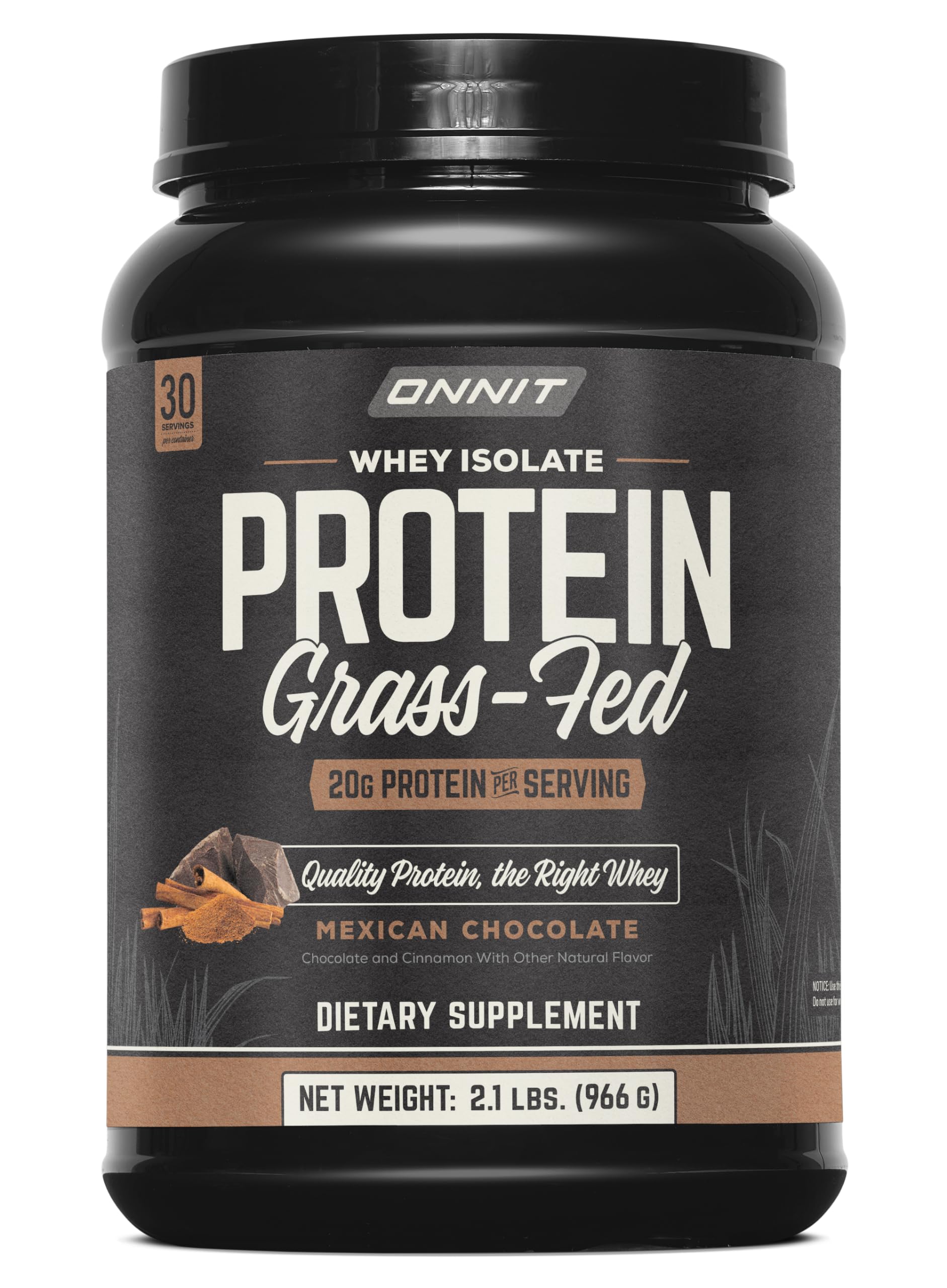 ONNIT Grass Fed Whey Isolate Chocolate Tub highlighting premium protein for muscle support