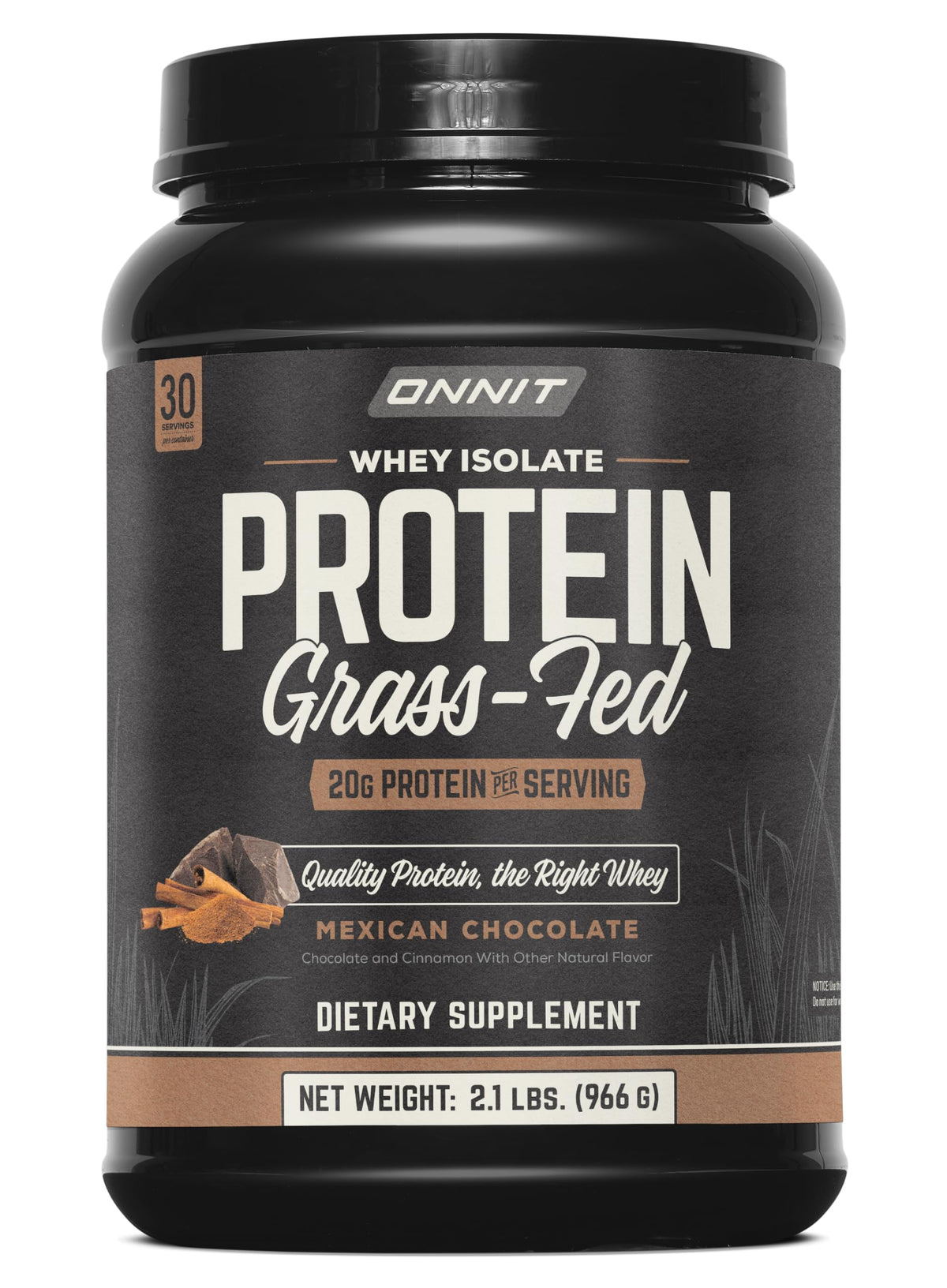 ONNIT Grass Fed Whey Isolate Chocolate Tub highlighting premium protein for muscle support