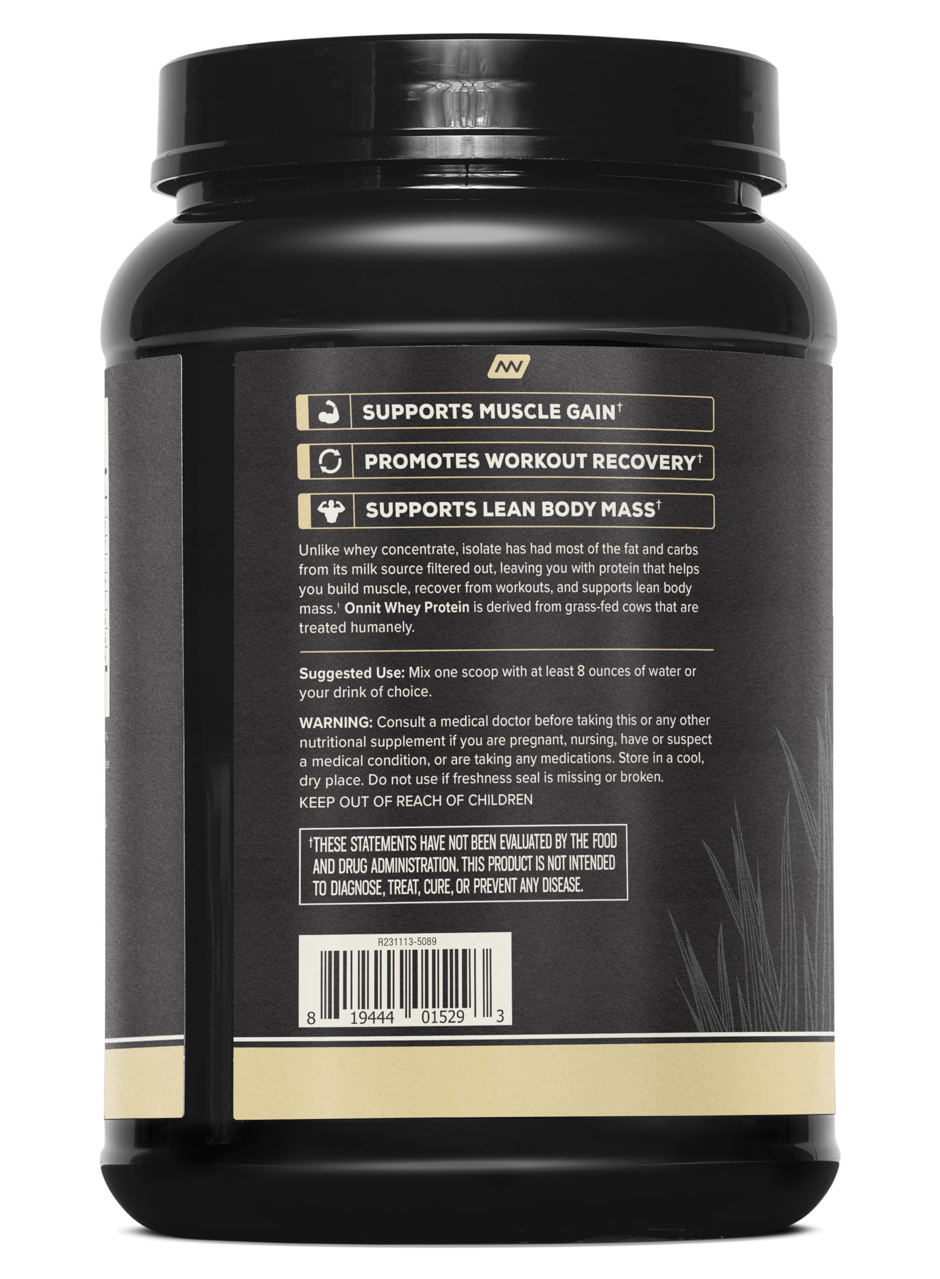 ONNIT Grass Fed Whey Isolate Vanilla label closeup highlights non-GMO protein source.