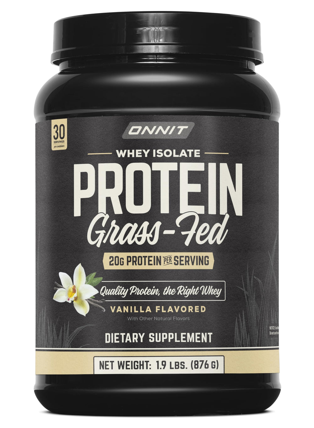 ONNIT Grass Fed Whey Isolate Vanilla tub supports protein intake and recovery.