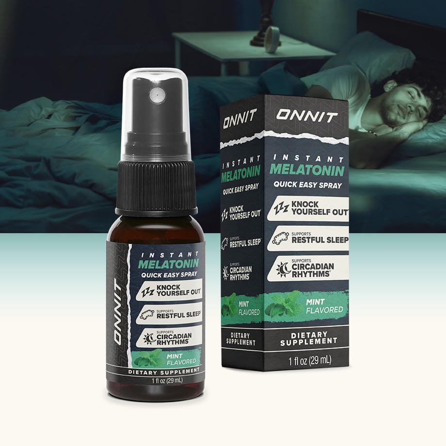 ONNIT Melatonin 3 mg per spray indicates precise bedtime dosing.