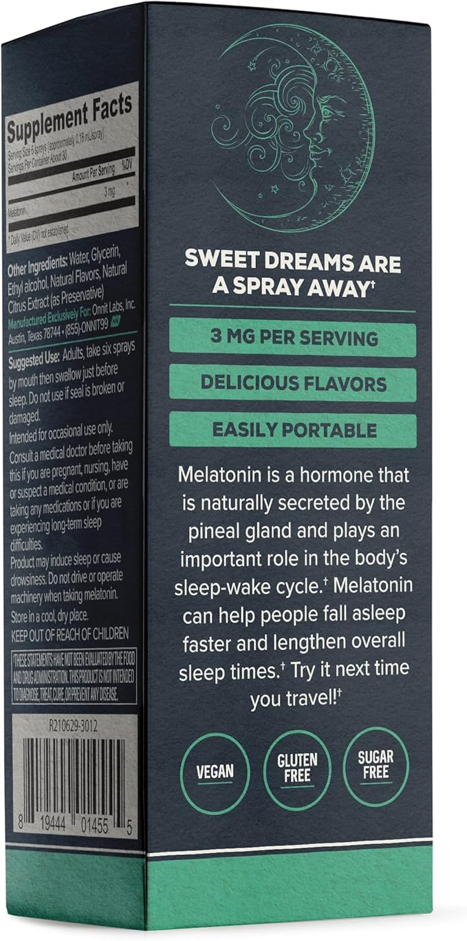 ONNIT Melatonin label close-up for clear dosage and refill information.