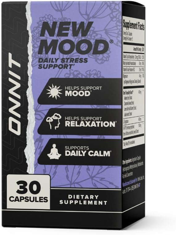 ONNIT New Mood bottle back shows ingredient transparency and Non-GMO assurance