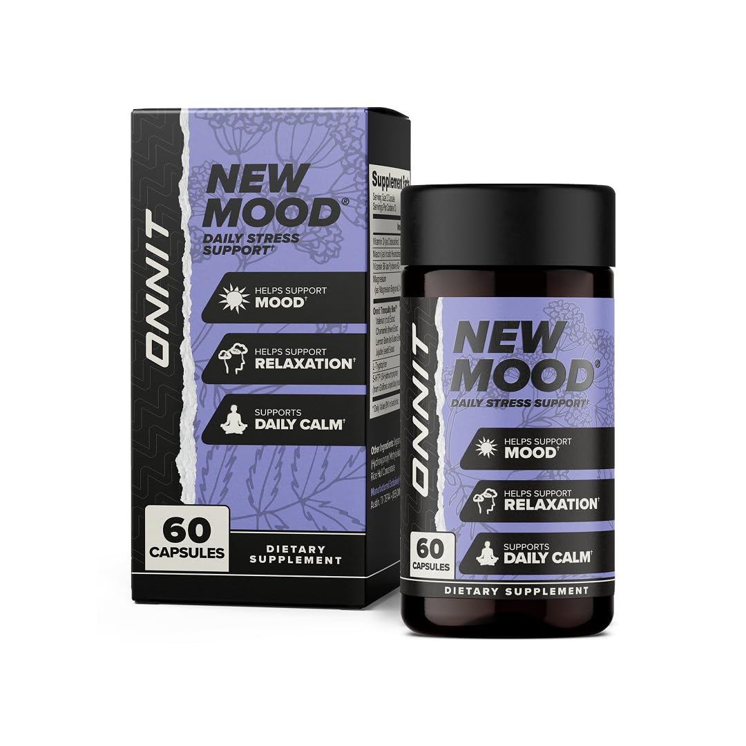 ONNIT New Mood bottle front view for daily stress support.