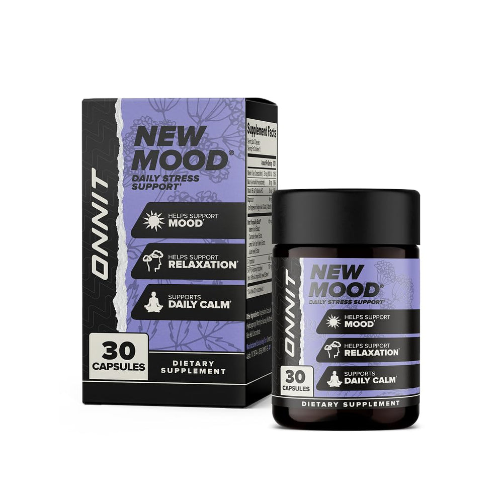ONNIT New Mood bottle front promotes daily calm and stress support