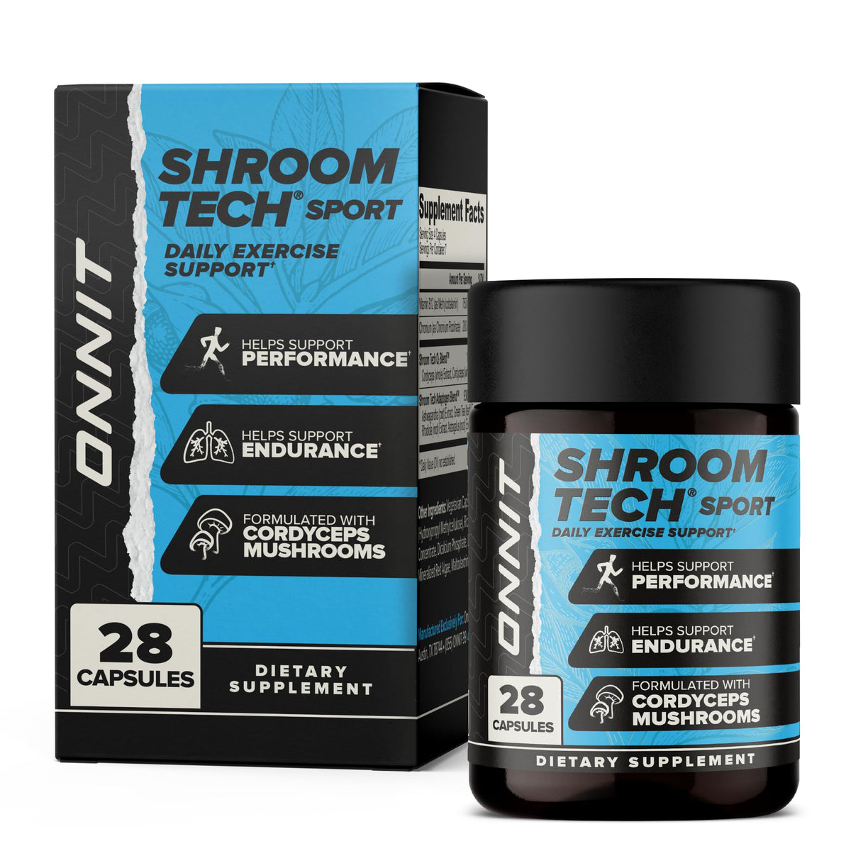 ONNIT Shroom Tech SPORT bottle front showing daily energy support for active days