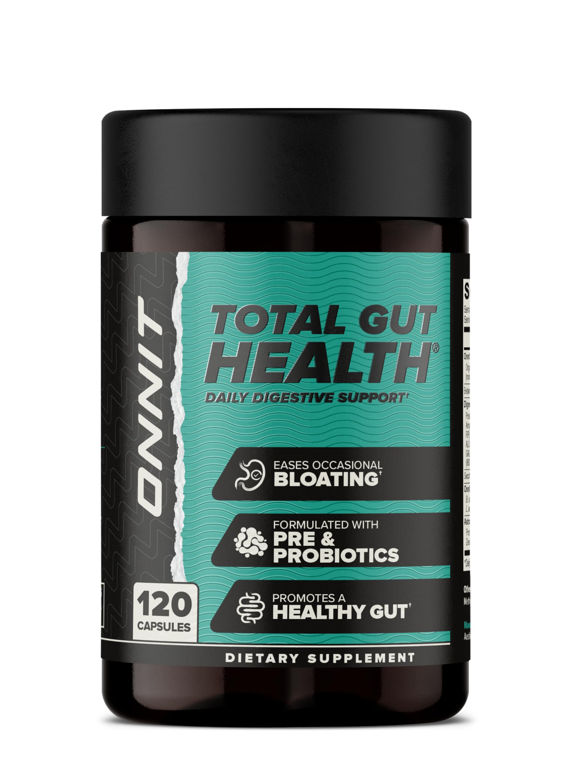 ONNIT Total Gut Health bottle showing 120 capsules for daily support.