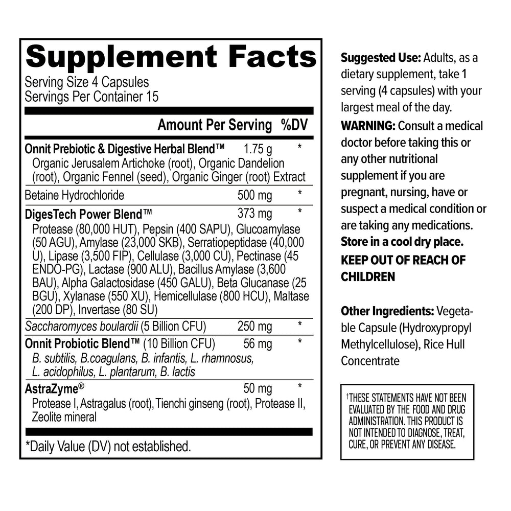 ONNIT Total Gut Health prebiotics support gut flora and nutrient uptake.