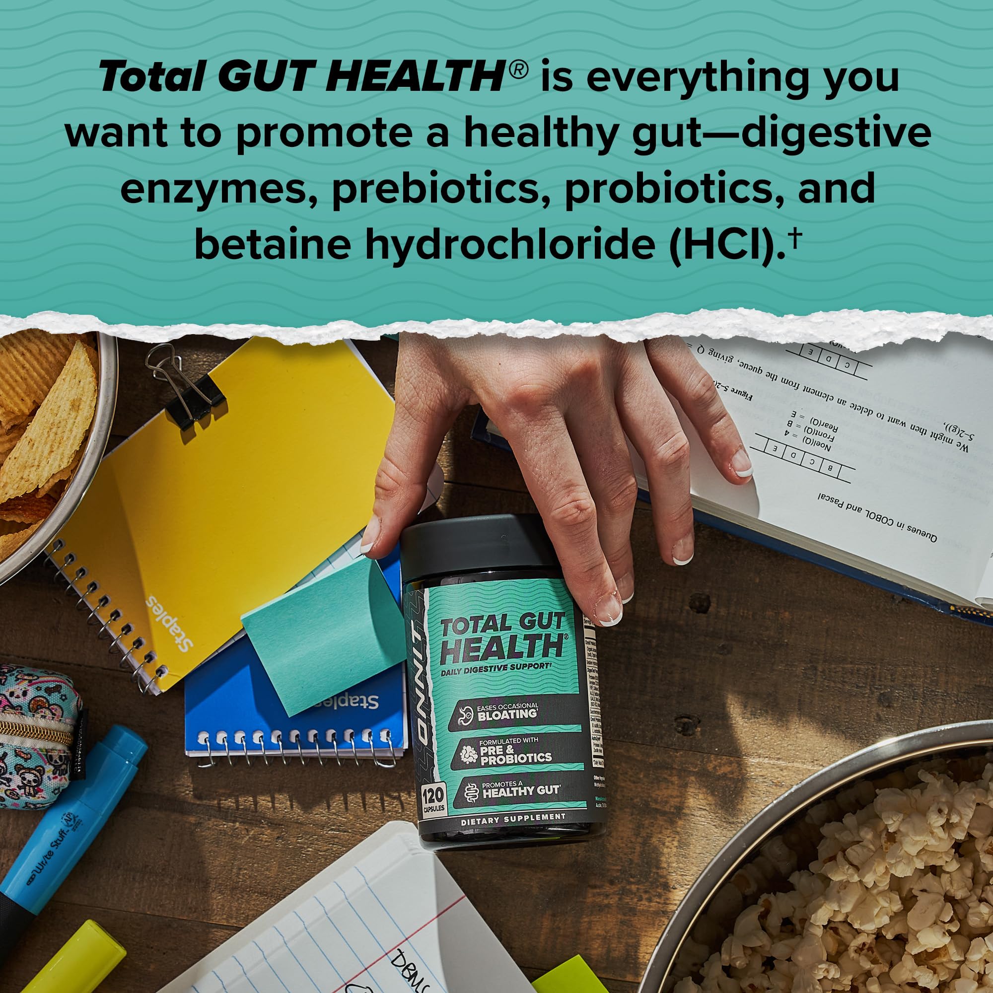 ONNIT Total Gut Health probiotic capsules featuring seven strains for gut balance.