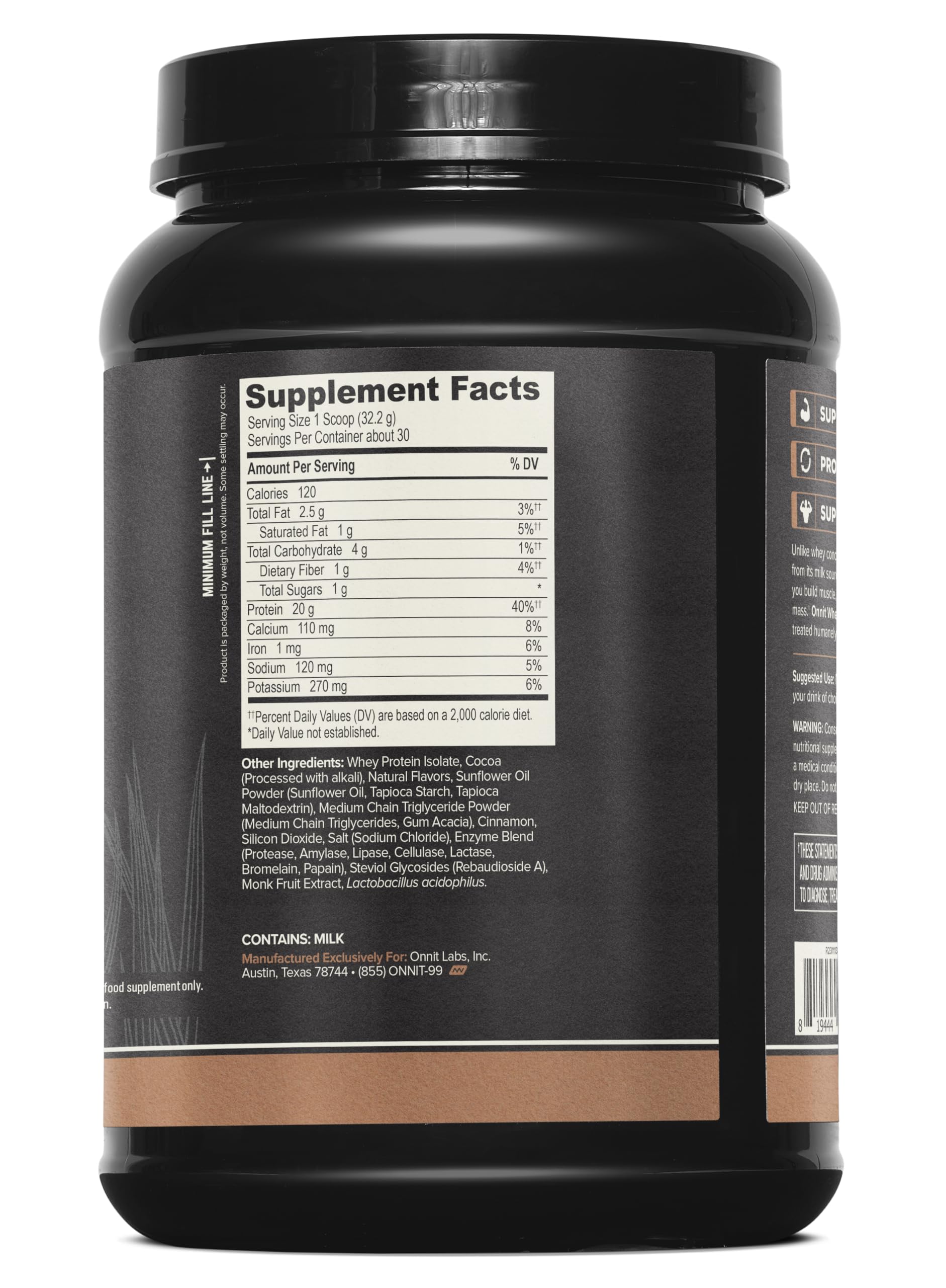 ONNIT whey isolate nutrition label close-up showing complete amino acids