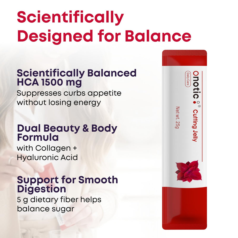 ONOTIC Cutting Jelly Stick close-up emphasizes HCA 1,500 mg for daily balance potential