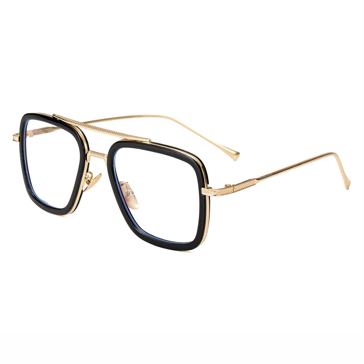 Onrtry Tony Stark blue light blocking glasses front view, gold-black frame, eye relief.