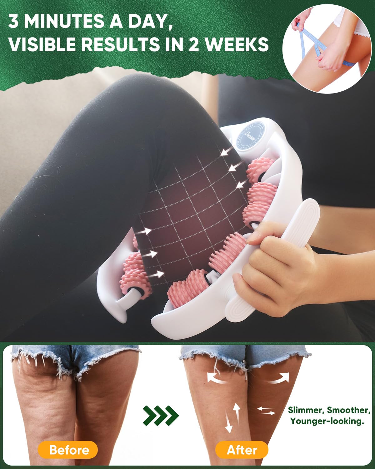 ONUEMP cellulite massager roller on leg delivering deep tissue massage.