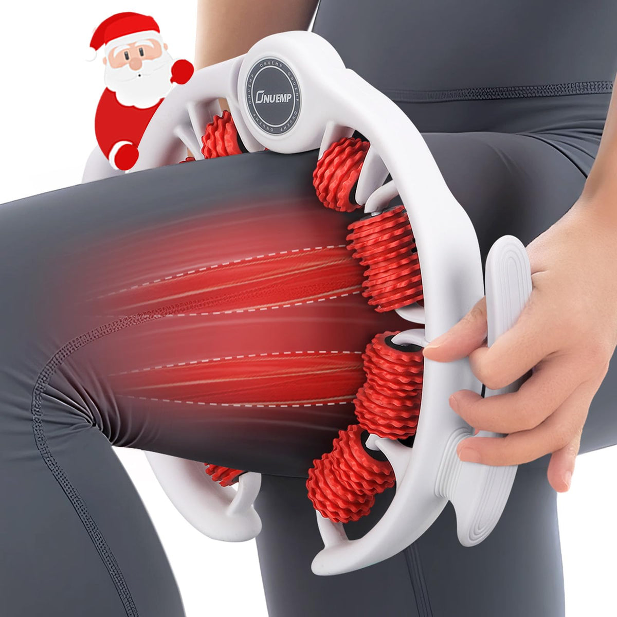 ONUEMP cellulite remover roller on thigh with 360° rollers for targeted leg massage.