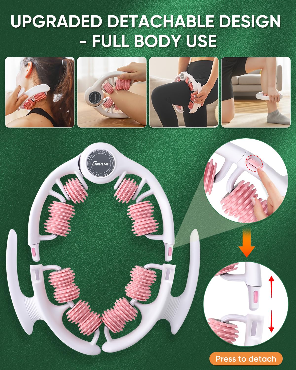 ONUEMP fascia roller with massage oil for smoother glide.