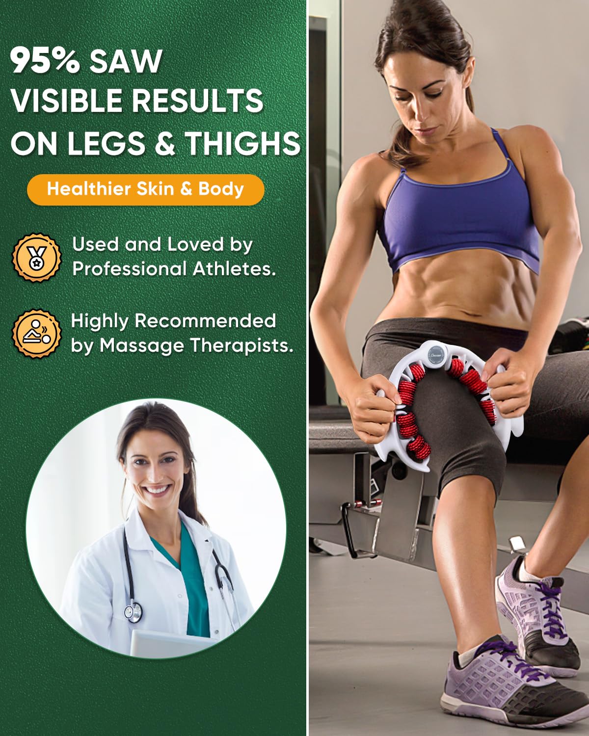 ONUEMP leg massager in action on calf demonstrating full coverage for thighs.