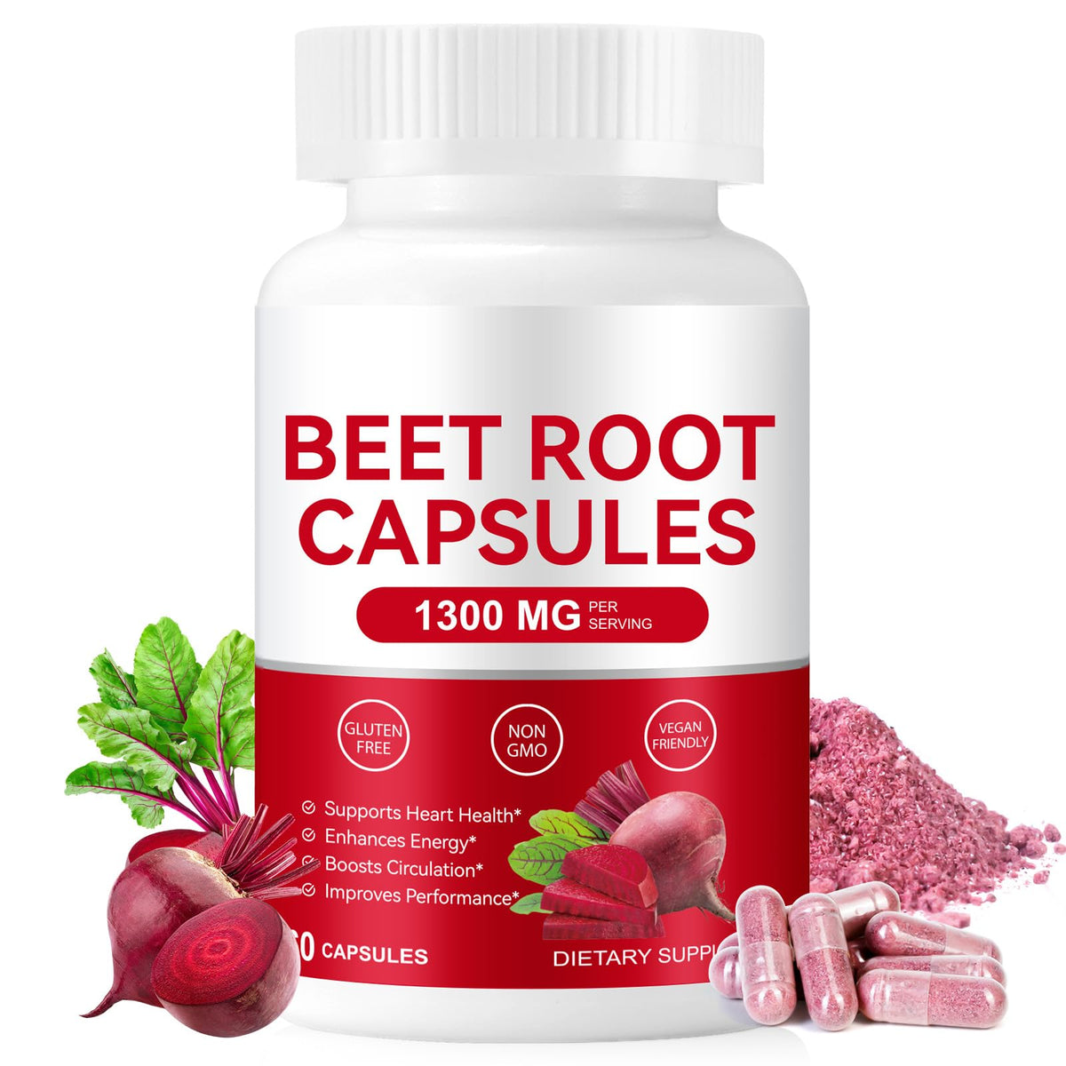 Onznoz Beet Root Capsules bottle showing 1300mg serving for energy support