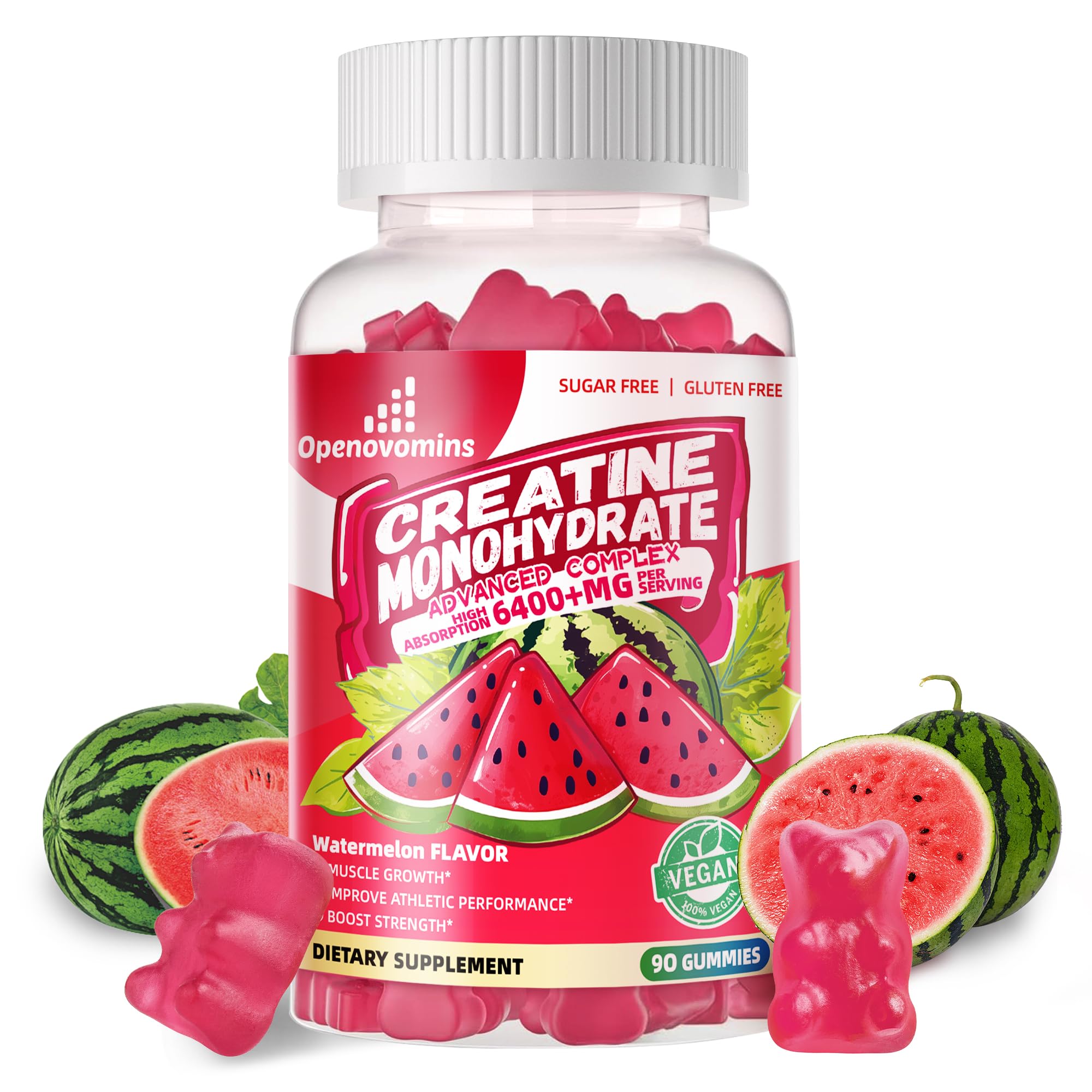 Openovomins Creatine Gummies bottle view, sugar-free daily supplement for on-the-go use.