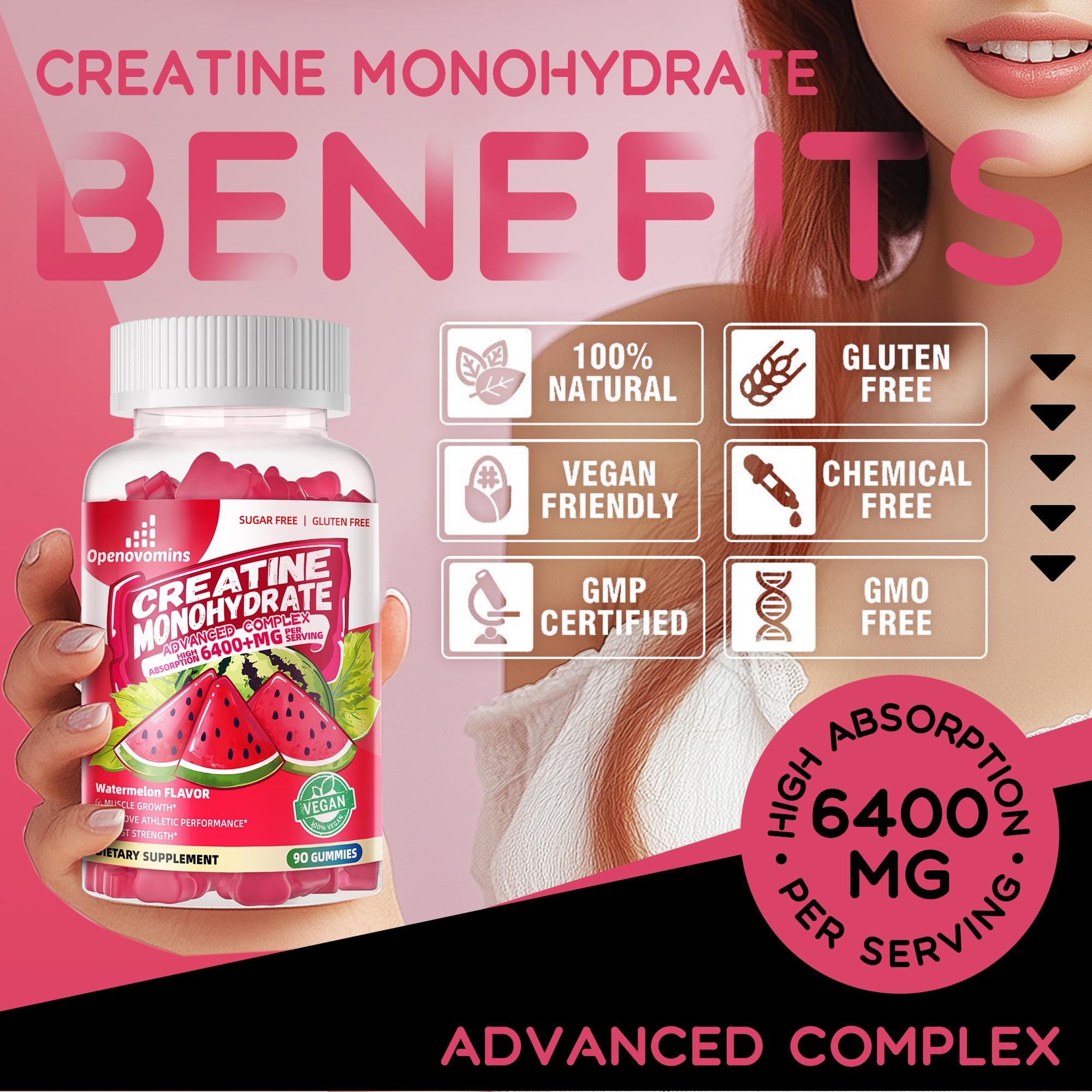 Openovomins Creatine Gummies gluten-free label visible on packaging.